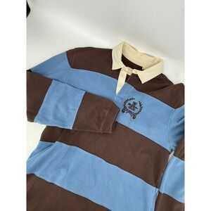 Arrow Vintage Rugby Shirt Mens Large Brown Blue Striped Heavy Duty Cotton Polo